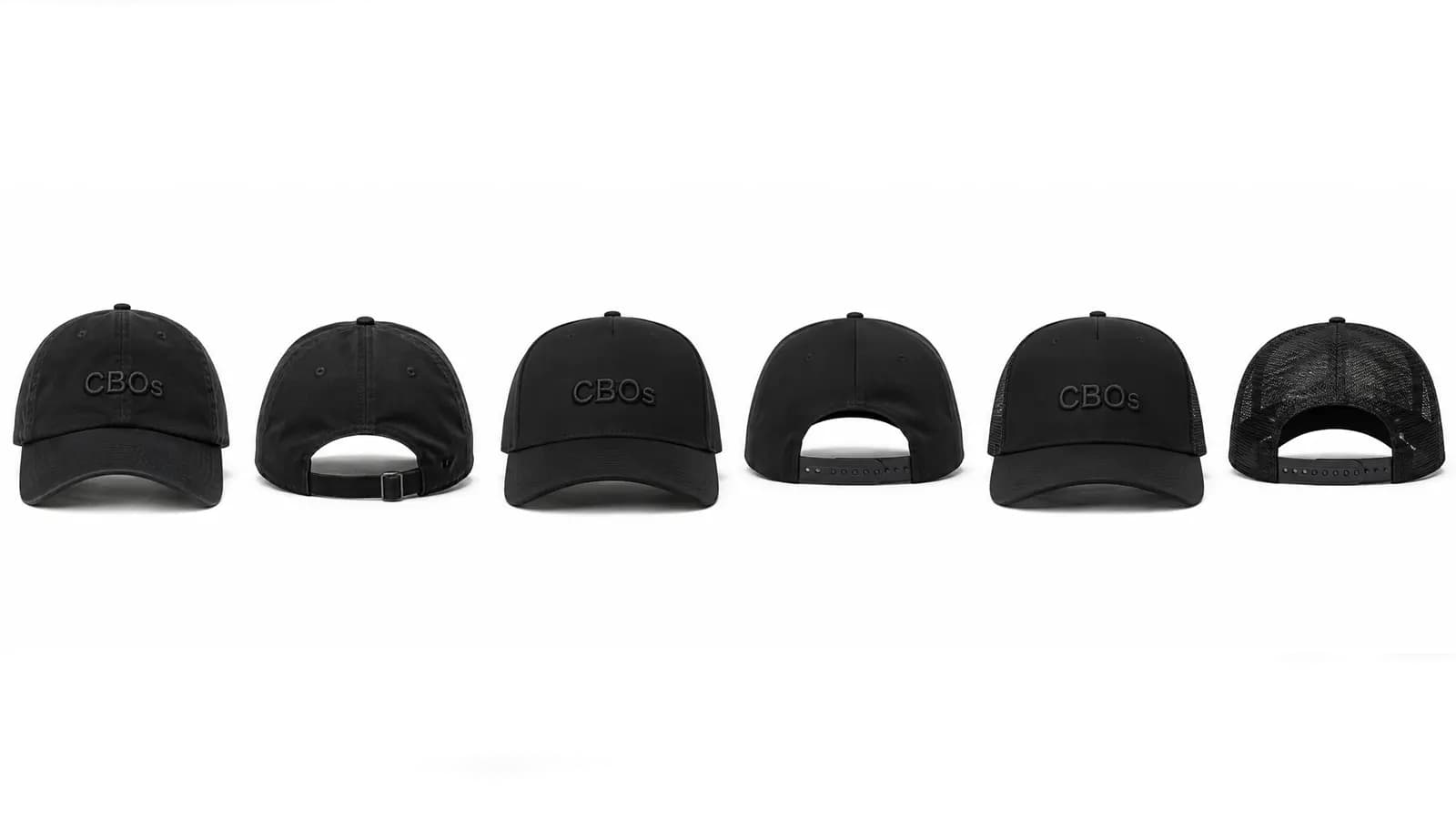 Tres estilos de gorra vistos de frente y de espalda — dad hat, snapback y trucker