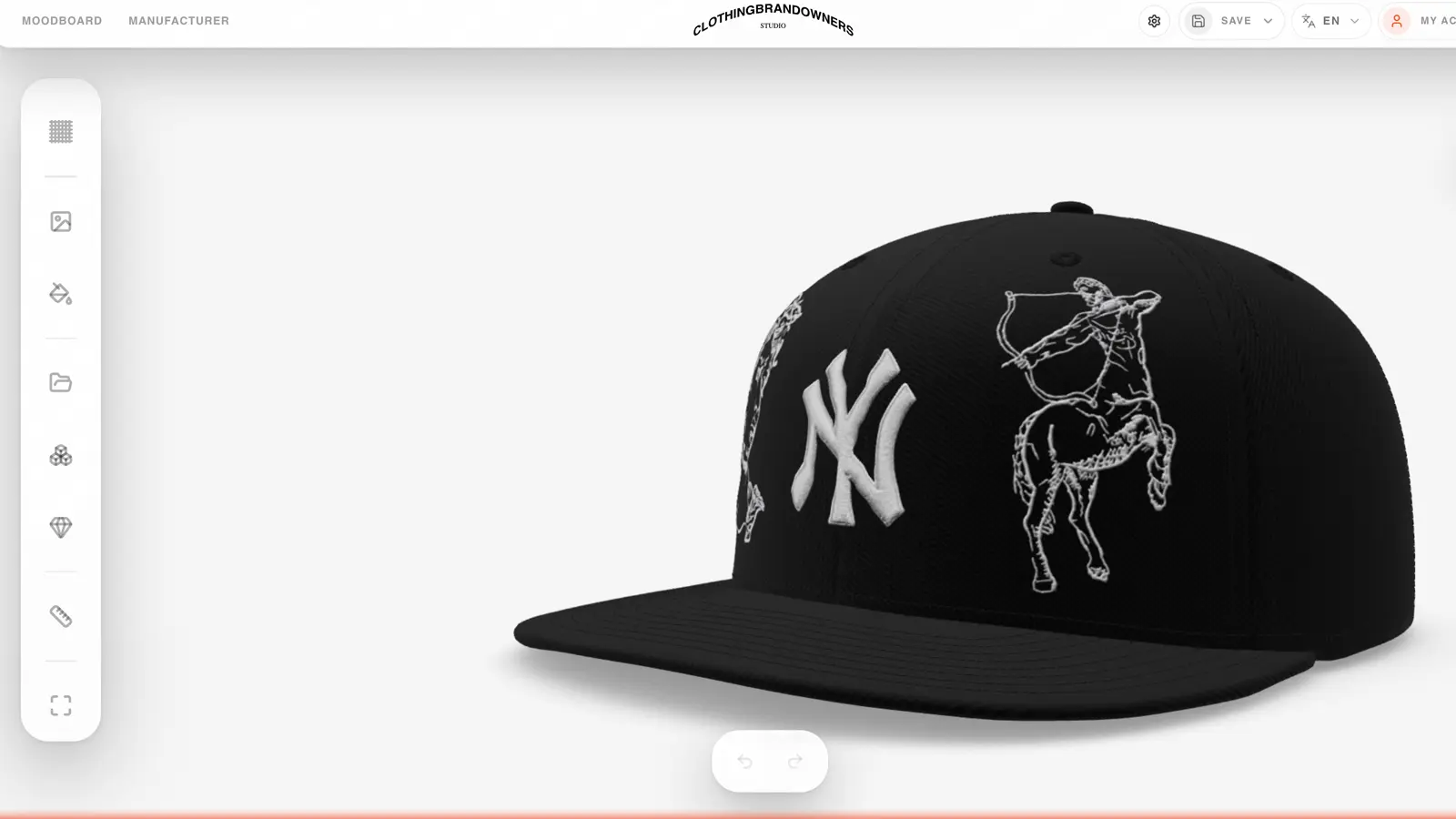 3D cap customizer showing a black flat brim cap with NY and archer embroidery