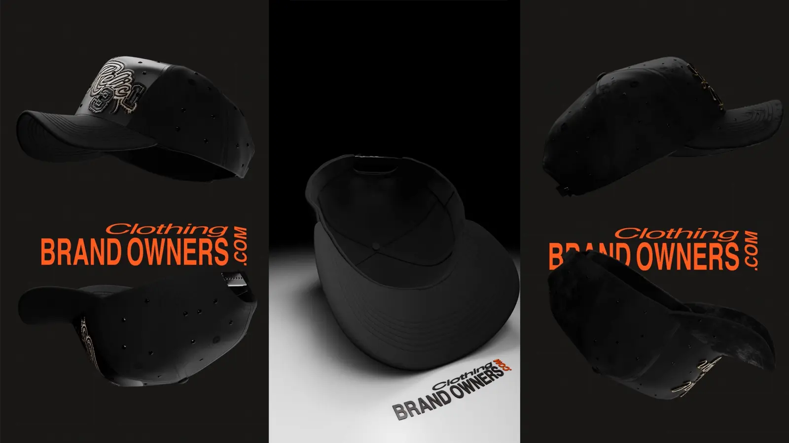 Black streetwear caps rendered from multiple angles with CBOs branding