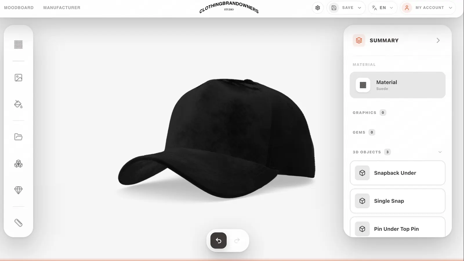 Gorra snapback de gamuza negra en una interfaz de personalización 3D