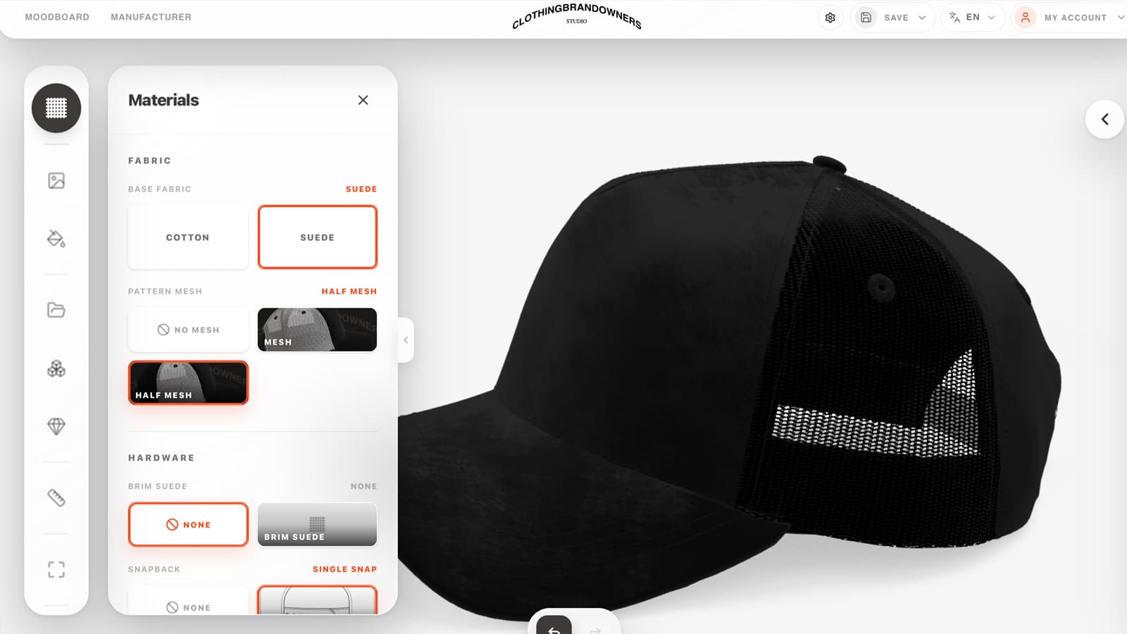 Black suede trucker cap with mesh back in the CBOs 3D editor
