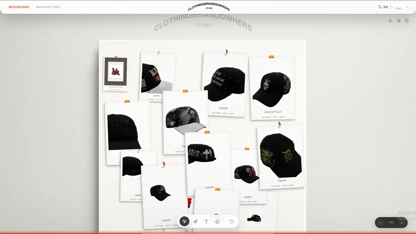 Moodboard with pinned cap design cards used to present directions to a client