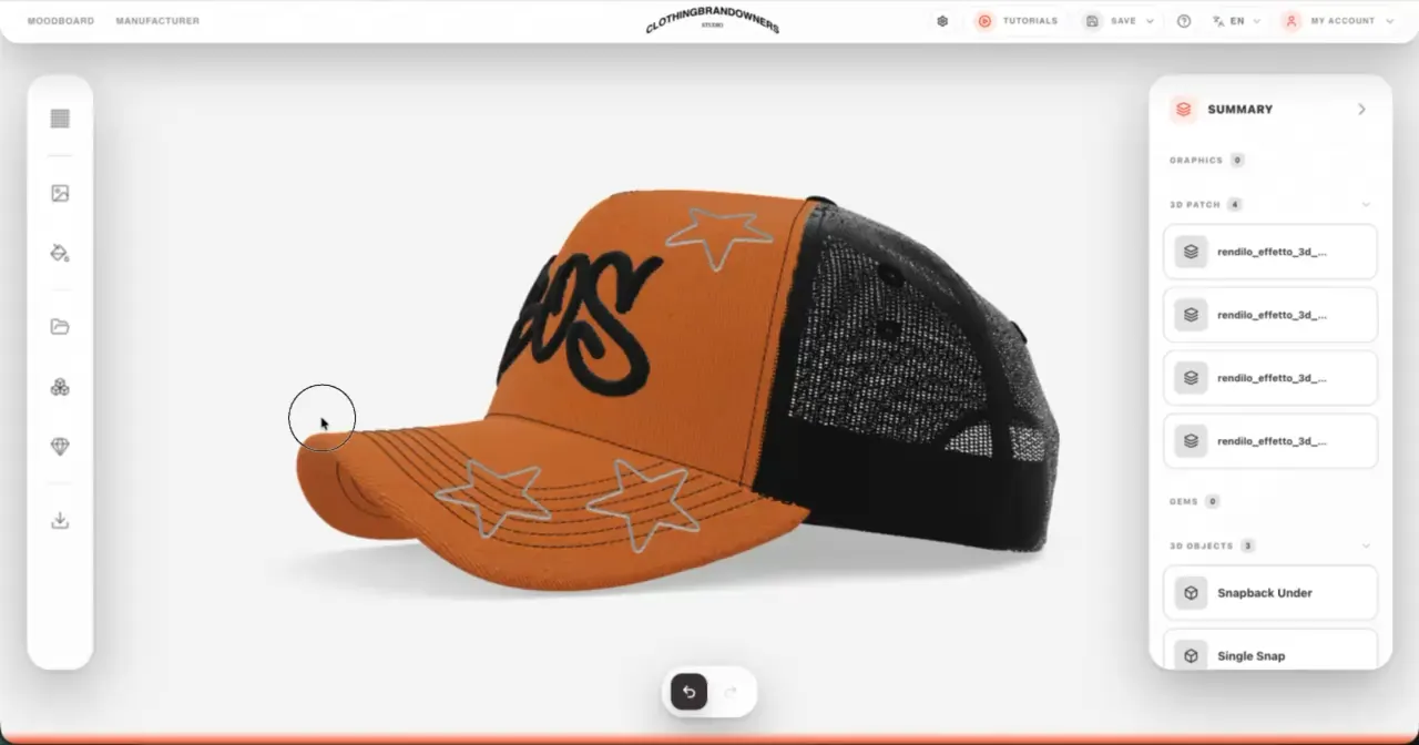 A trucker cap open in the CBOs 3D studio, mid-design, with the panel controls visible