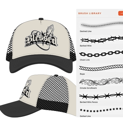 2D editor showcase with brush library and cap mockups