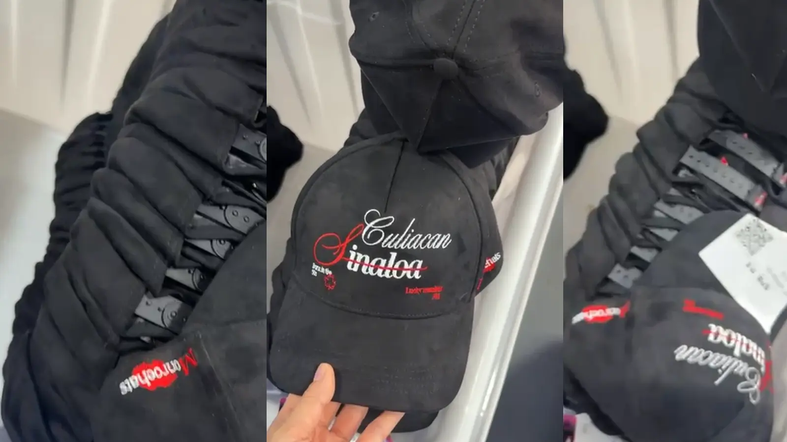 Gorras bordadas personalizadas en vista de tres paneles con gorras negras apiladas